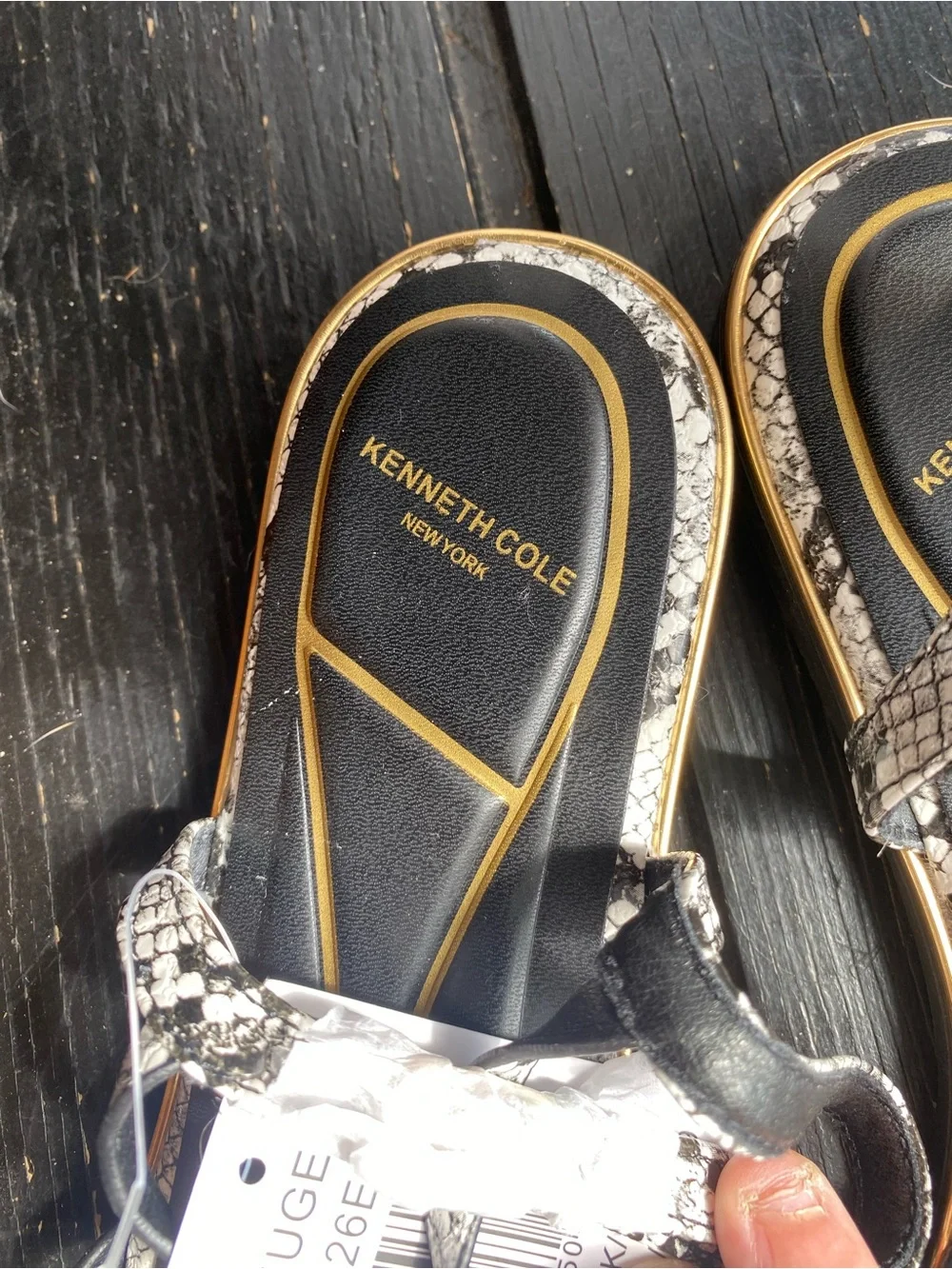 Michael Kors Black & White Snake-Print Strappy Sandals with Gold Medallion